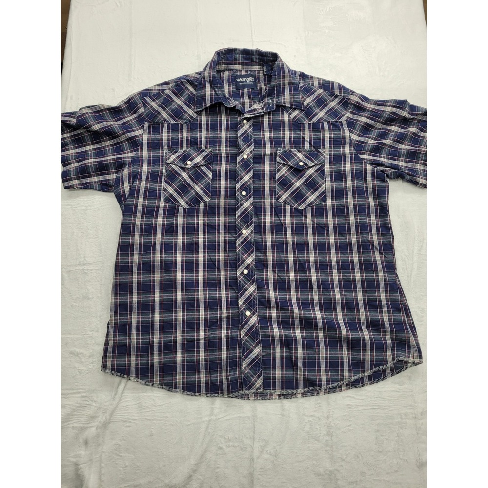 Wrangler Western Shirt Mens XL Blue Plaid Pearl Snap Short Sleeve